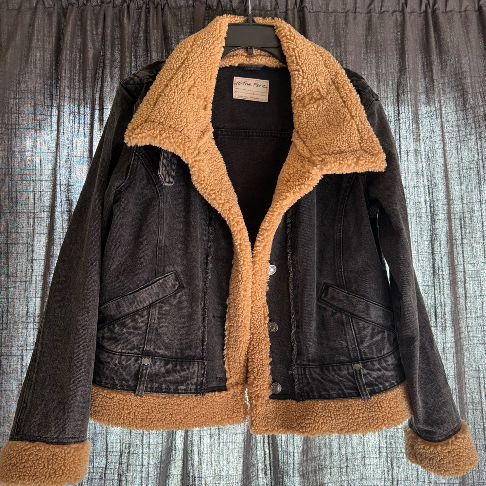 We The Free Black Denim Jacket with Tan Teddy Lining